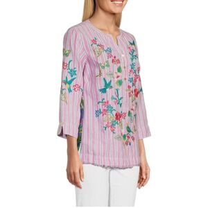 John Mark Positano Pink Stripe Floral Tropical‎ Embroidered Tunic Top Button PXL